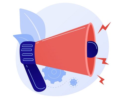 Attention attraction. Important announcement or warning, information sharing, latest news. Loudspeaker, megaphone, bullhorn with exclamation mark. Vector isolated concept metaphor illustration